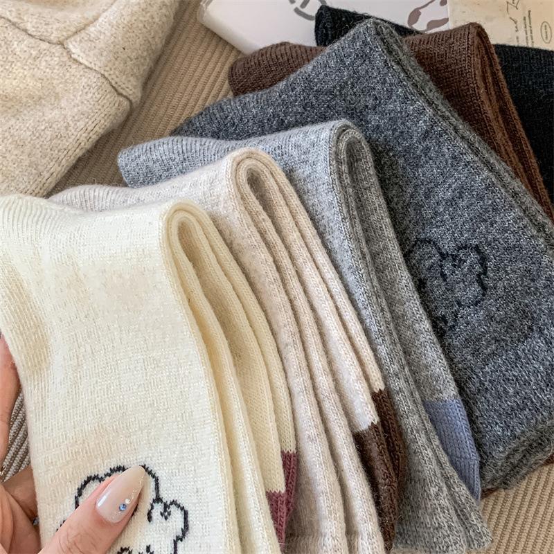 Autumn and Winter Puppy Grey Series Contrasting Color Mid-calf Warm Wool Women's Socks Cartoon Cute School Style Comfortable