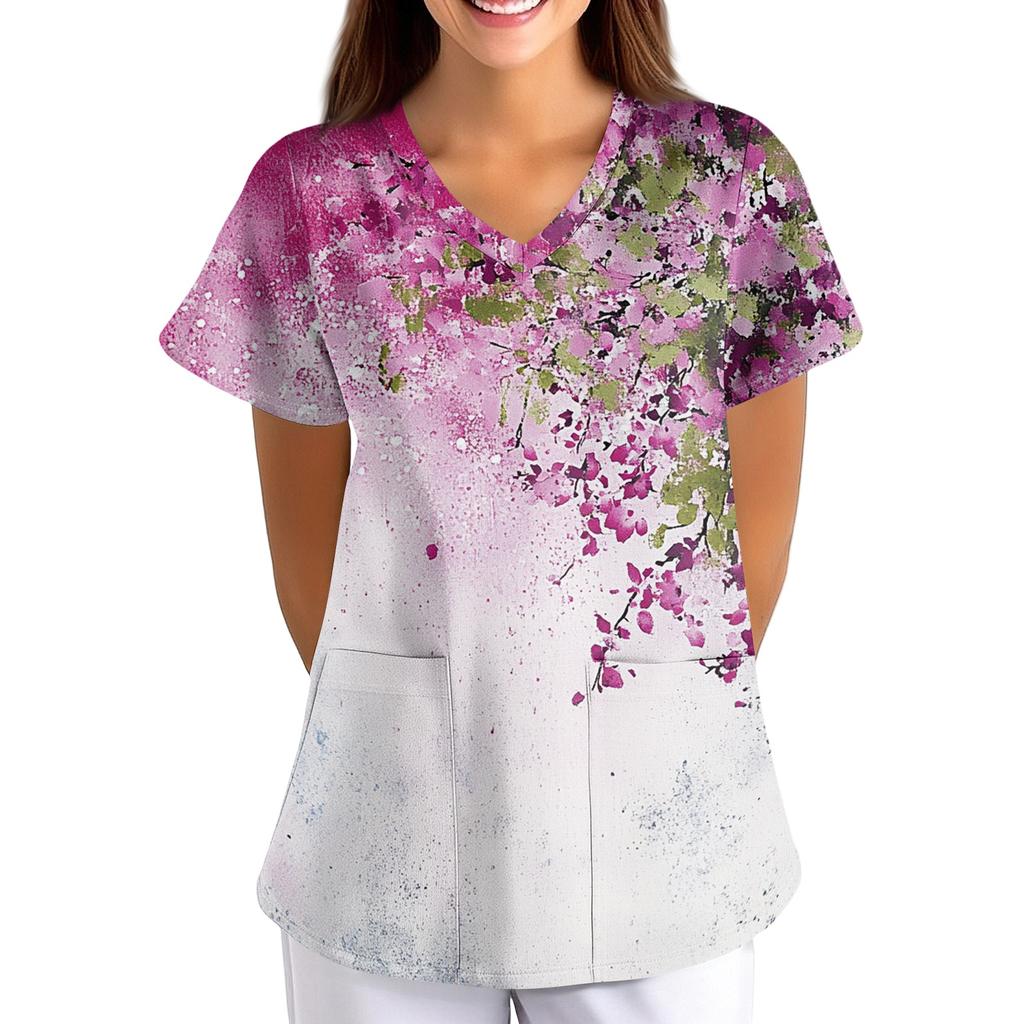 Women's Floral Print Loose Fit V Neck Short Sleeve Work Scrub Top with Pockets for Healthcare Professionals Nursing Uniform