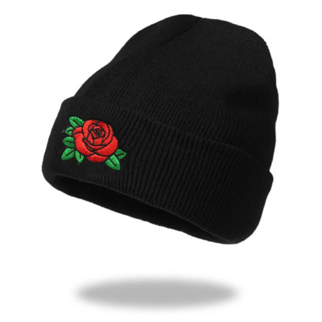 Autumn and Winter Knitted Hat with Rose Blossoms Embroidered Woolen Hat, Warm Hoodie, Cold Hat, No Eaves