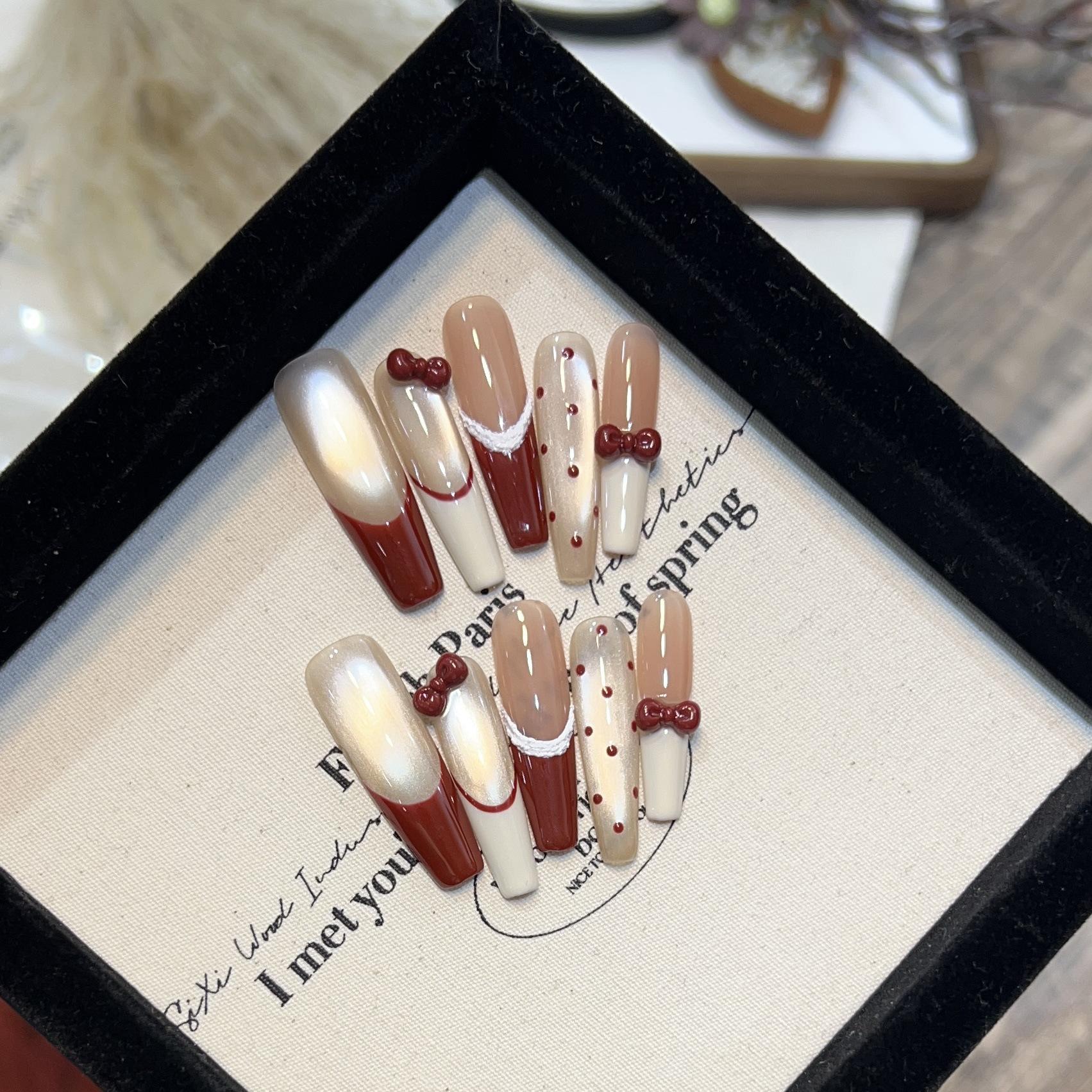 

Handmade Cat-Eye Gel Nails: Nude French with Bow Style - Hot-Selling Removable Nail Tips Small
