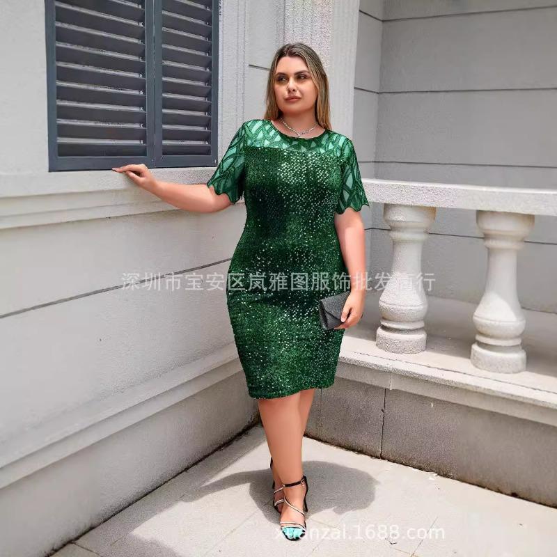 Women Plus Size Sequin Lace Short Sleeve Bodycon Midi Casual Dress