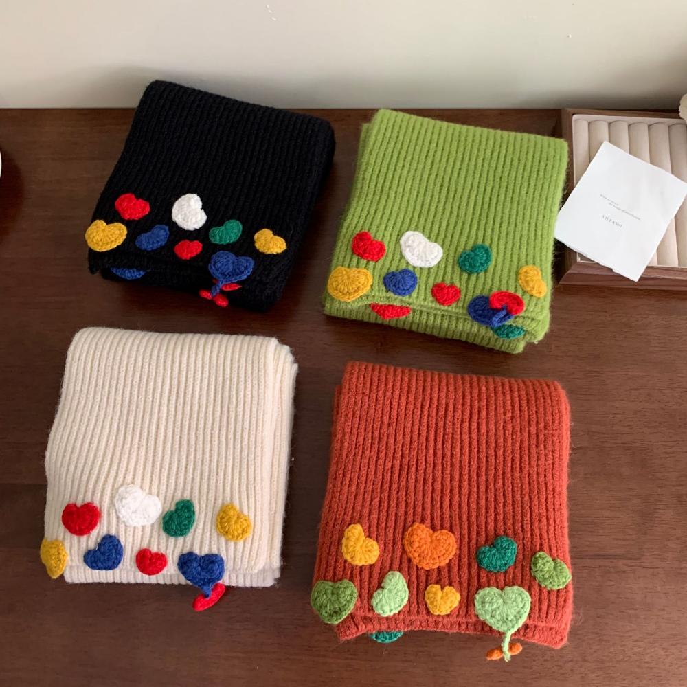 Candy Color Hand Knitted Scarf Women's Sweet Heart Embroidery Scarf Fashion Korean Student Warm Muffler Winter Versatile Shawl