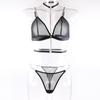 Black French Metal Chain Rimless Mesh Bra Set Women Y2k Thong Perspective Lingerie Three Piece Suit with Collar New