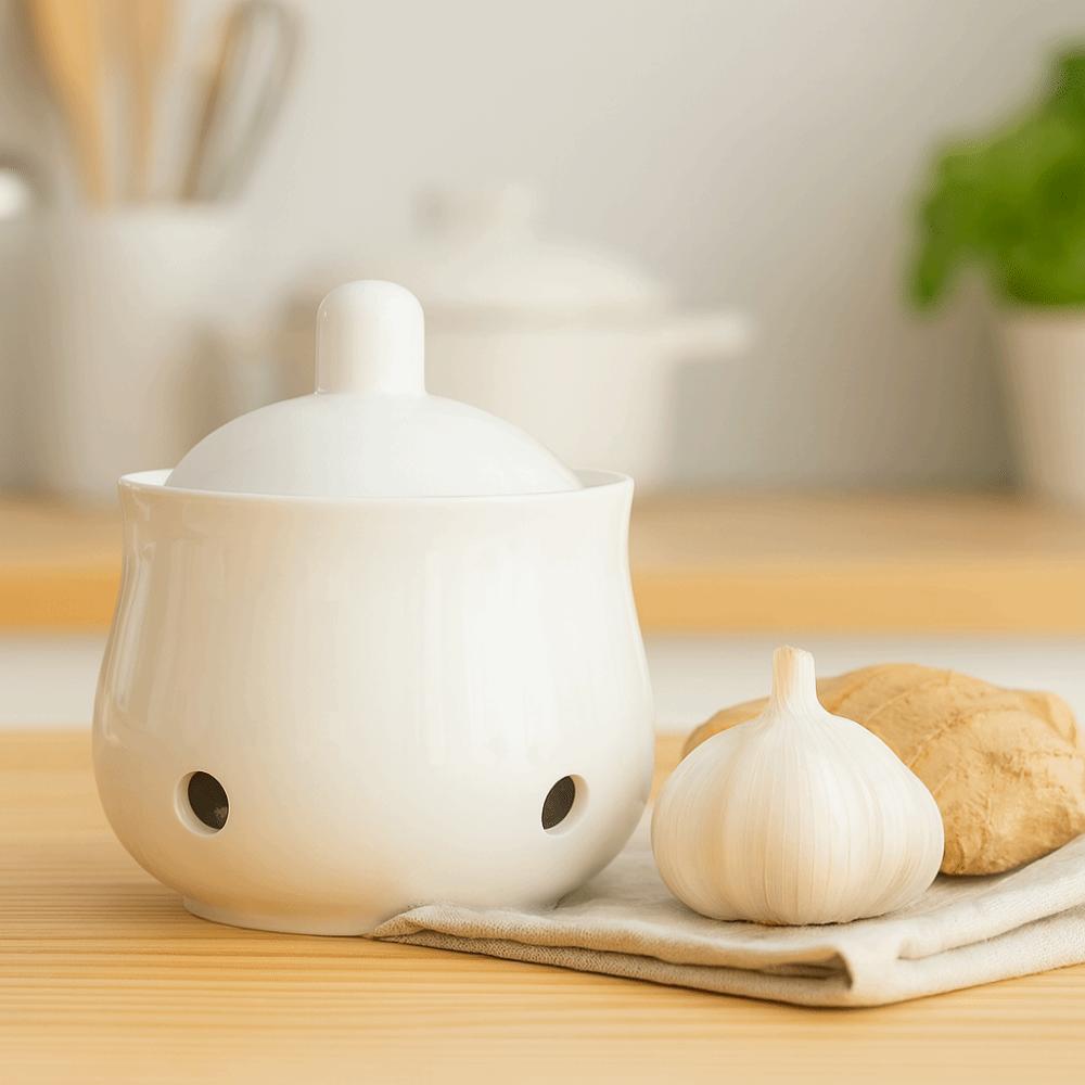 Ceramic Ventilated Garlic Keeper Breathable Garlic Container Household Ginger Jar Countertop