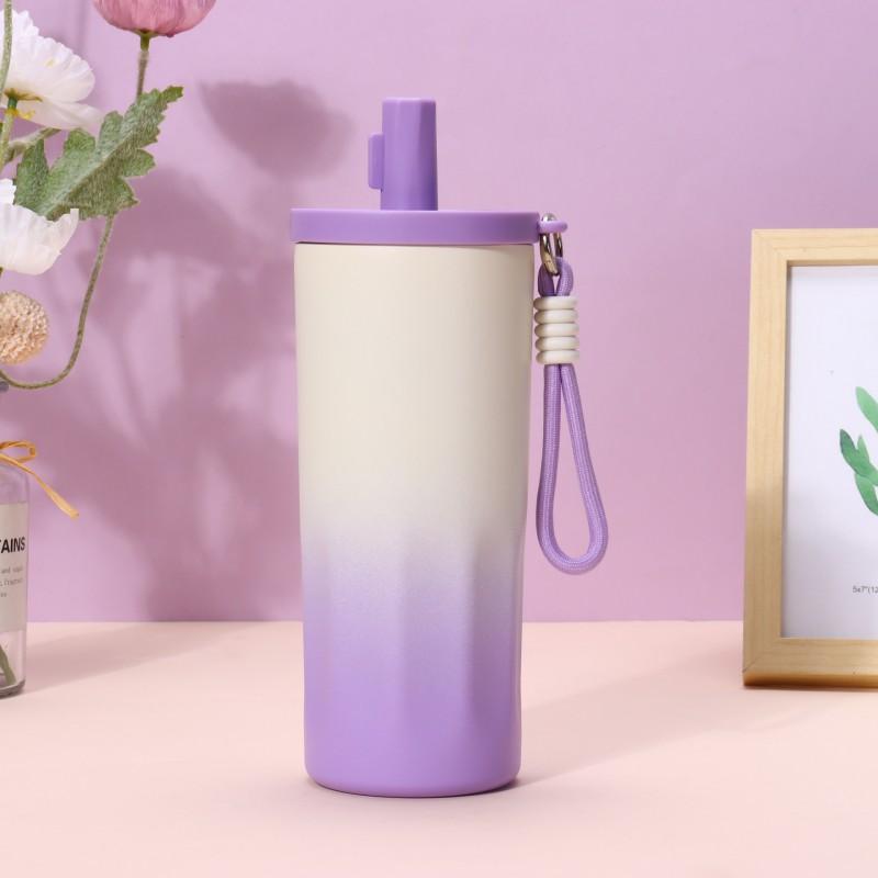 Stainless Steel Vacuum Insulated Tumbler With Straw Lid Carry Rope 600ml Portable Travel Coffee Cup Office Outdoor