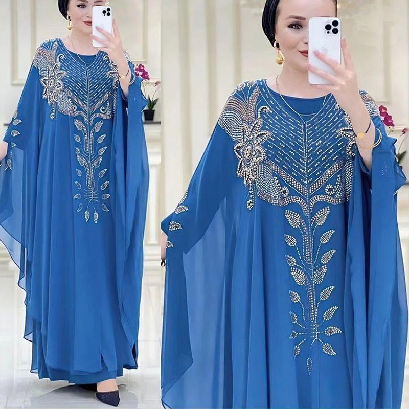 Cross-Border Indonesia Middle East Turkey Africa European and American Style Dress Chiffon Heavy Embroidery Hot Drilling Robe Plus Size Women Dress