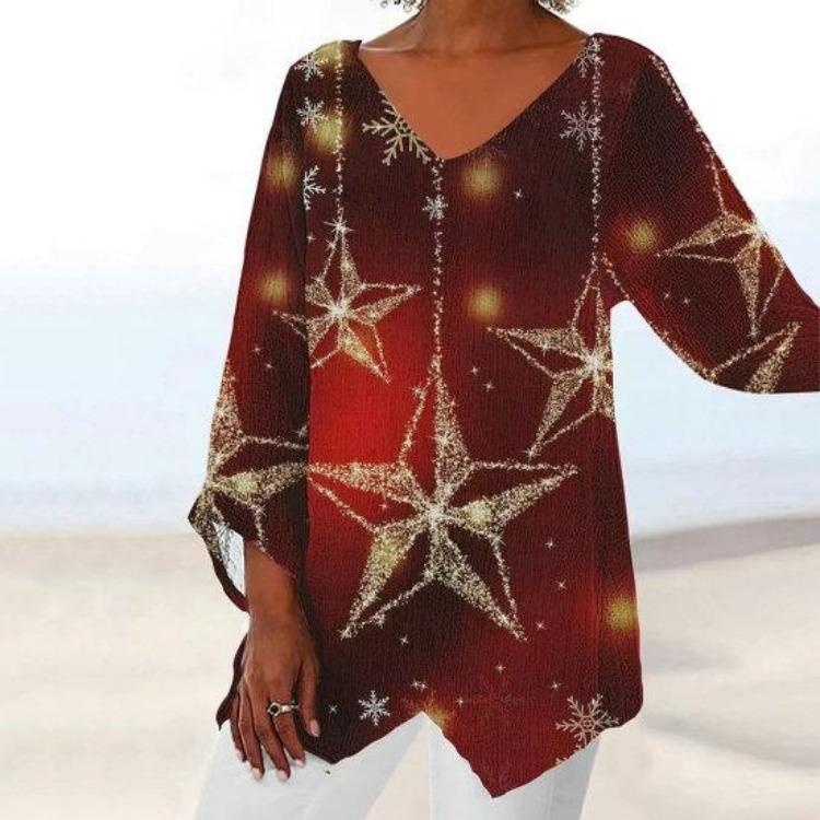 Plus Size Women Casual Loose V Neck Long Sleeve T-shirt with Flower Print Irregular Hem Color Matching Pullover for Spring Fall
