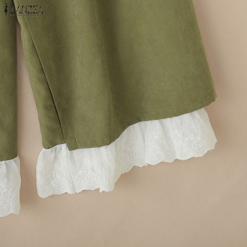 ZANZEA Women Casual Elastic Waist Loose Ruffled Lace Hem Wide Leg Pants Long Trousers
