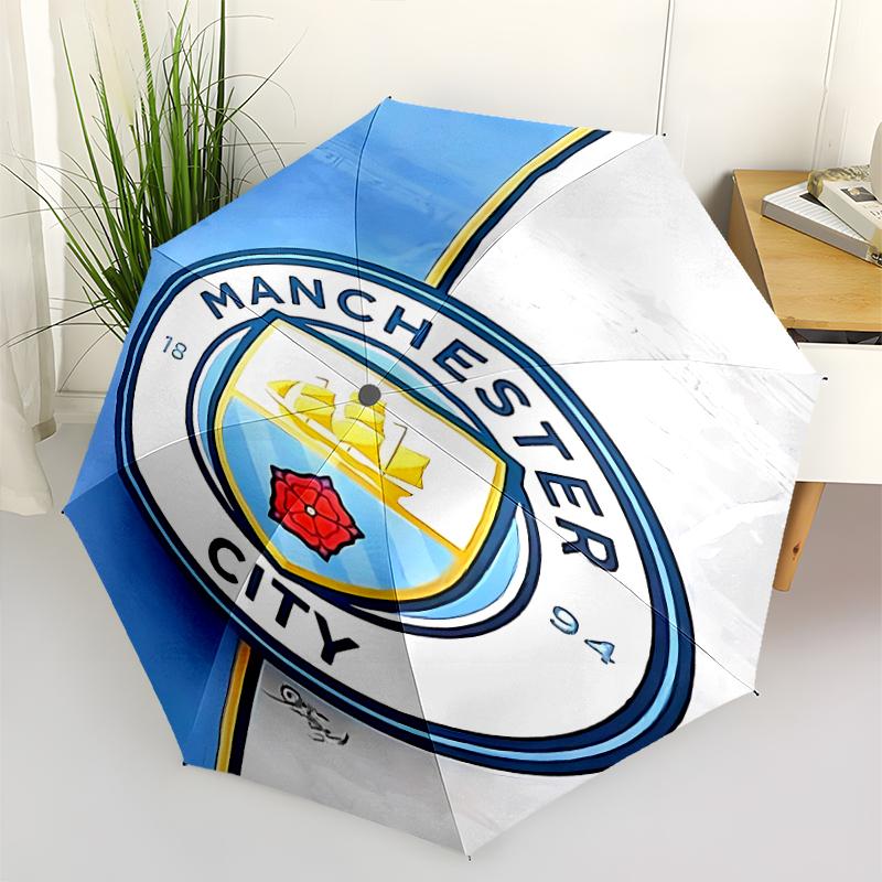 Manchester City Football Club Print Automatic Umbrella, 8 Rib Iron Frame, Plastic Handle, Suitable for Outdoor Travel &Daily , Ideal Gift