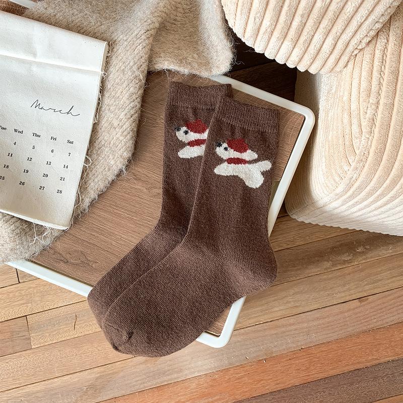 Verdickte Warme Wollsocken für Damen Cartoon Niedlich Schal Welpe Mittellange Socken Vielseitige Stapelsocken Weich Wachsig