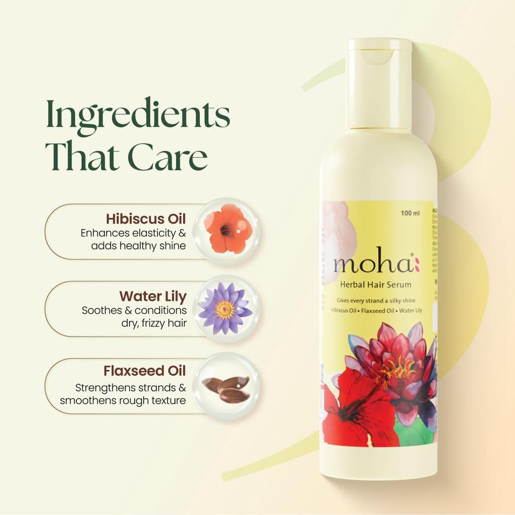 Moha Herbal Hair Serum for Dry Frizzy Hair with Hibiscus Flaxseed Water Lily 100 ml Pack of 1