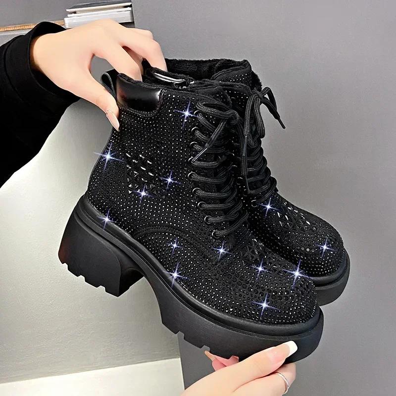 Pailletten Diamant Kurze Stiefel Frauen Herbst Winter Britische Mode High Top Dicken Absatz Schnürstiefel Outdoor Party Freizeitschuhe