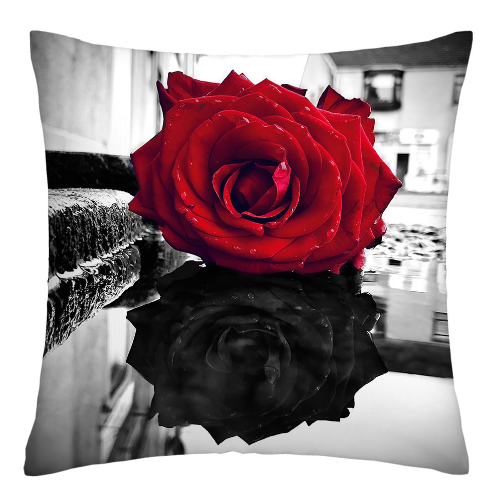 45X45cm Home Improvement Decor Pillowcase Red Rose Flower Print Polyester Sofa Cushion Cover
