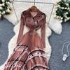Spring Autumn Women Elegant Blazer Collar Double Breasted Print Office Party Long Maxi Pleated Dresses