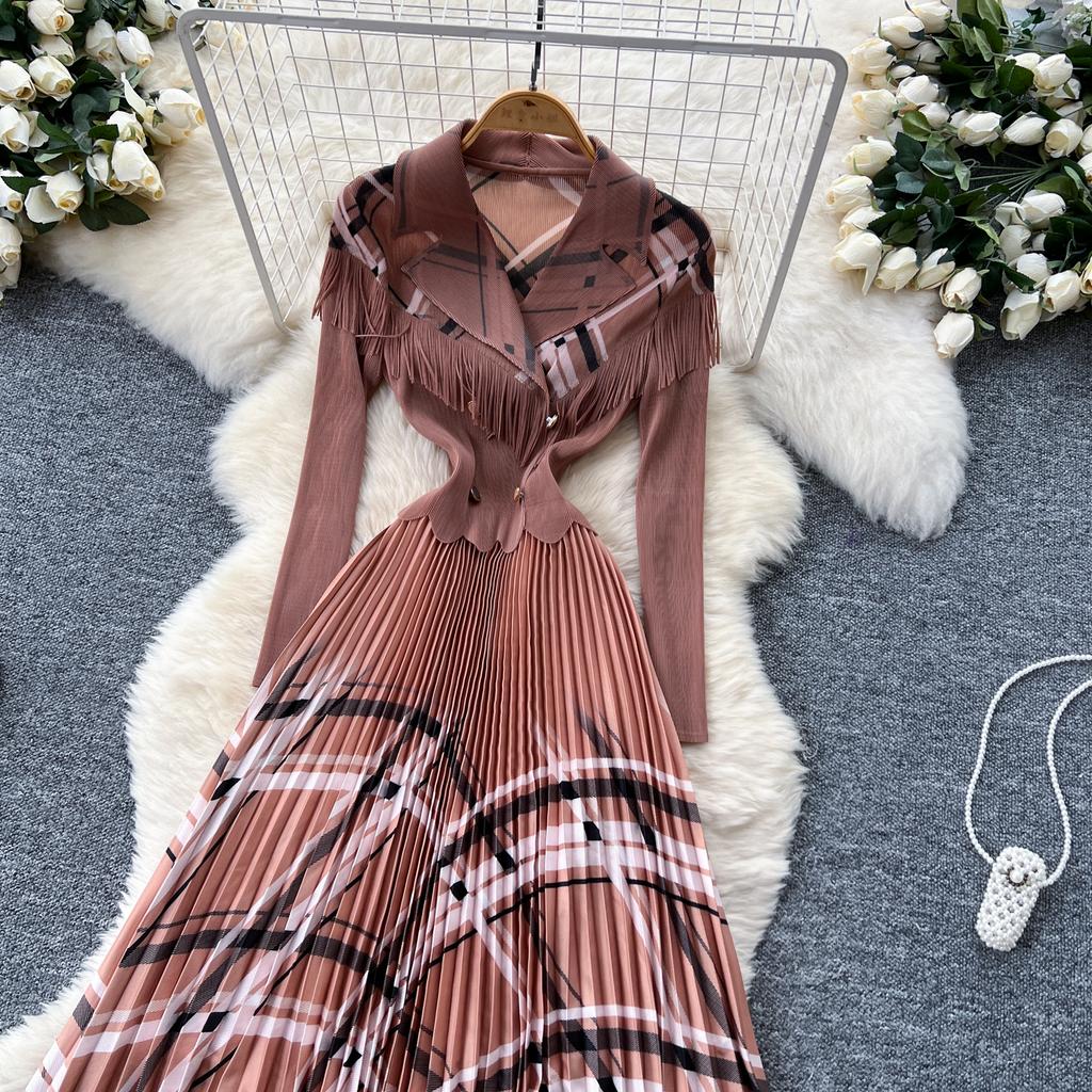 Frühling Herbst Damen Elegant Blazerkragen Zweireihig Druck Büro Party Lang Maxi Plissee Kleider