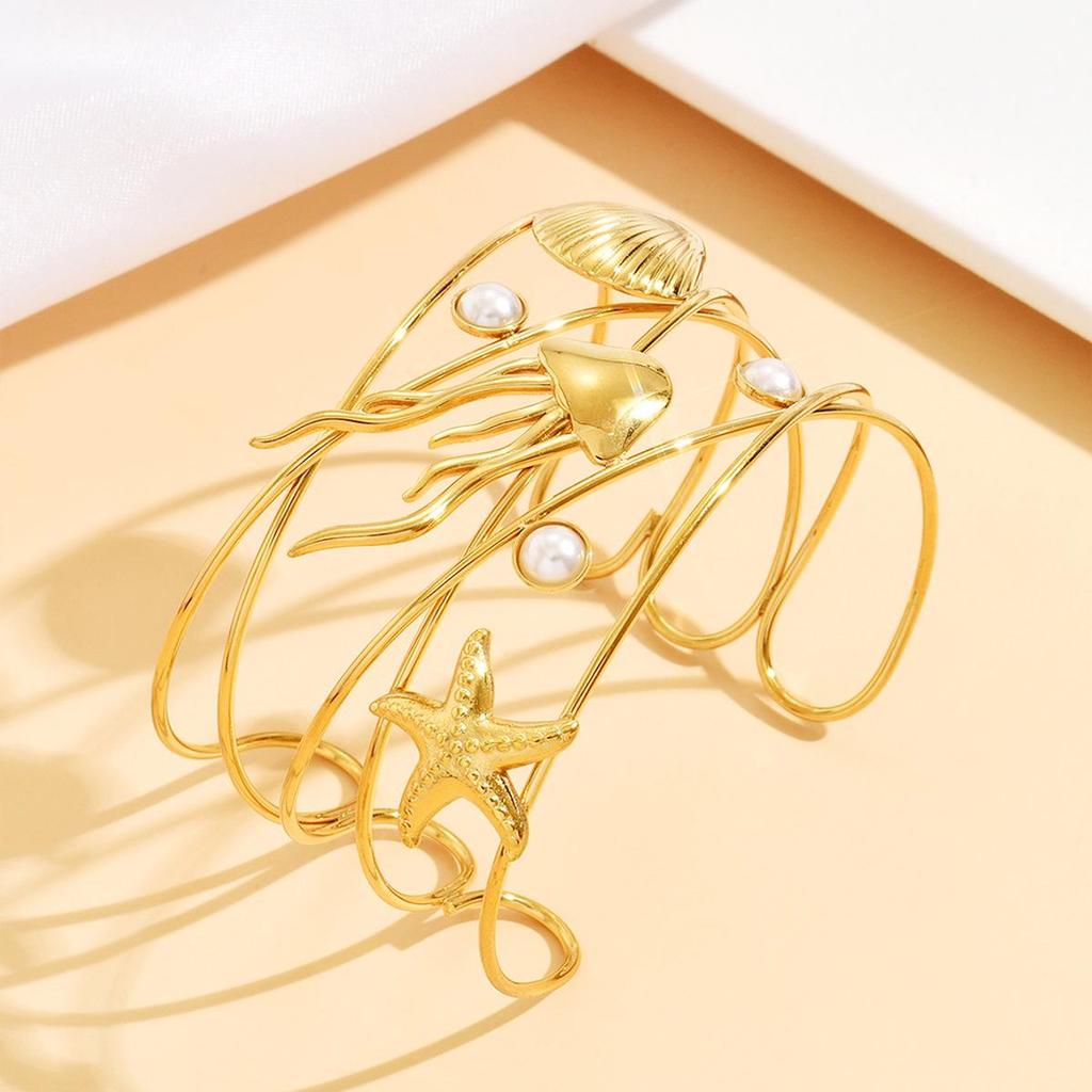 Super Fairy Marine Life Seashell Jellyfish Starfish Wide Cuff Bracelet - European & American Beach Vacation Style