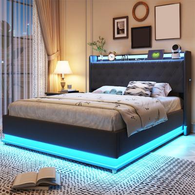 LED Upholstered Bed 140x200cm with USB Charging Connection And Hydraulic Storage, Skin-Friendly Linen Fabric Gray