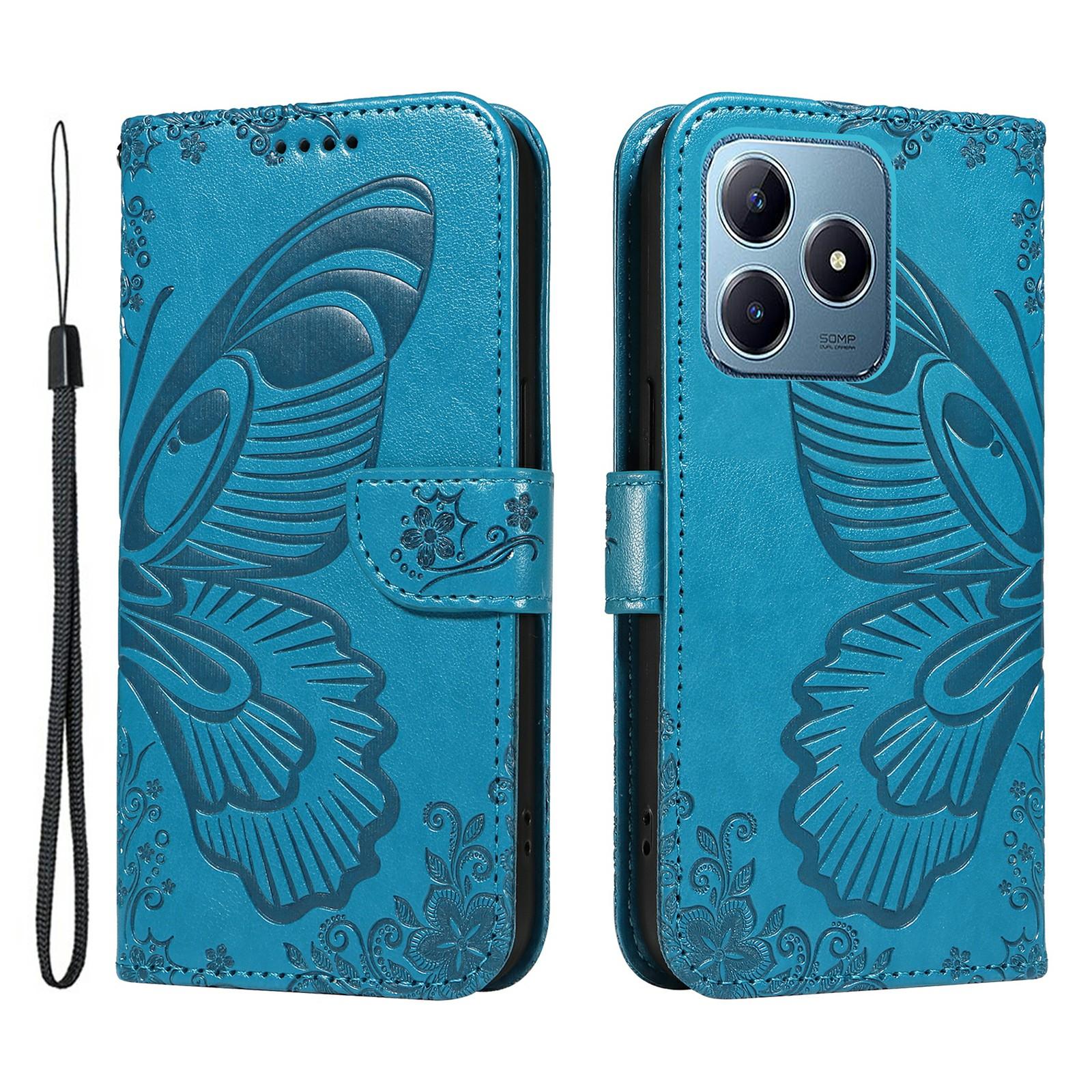 

Для Realme Note 60x 4G/C63 4G/C61 4G Чехол Бабочка PU Кожа Чехол для телефона Подставка Держатель для карт Blue