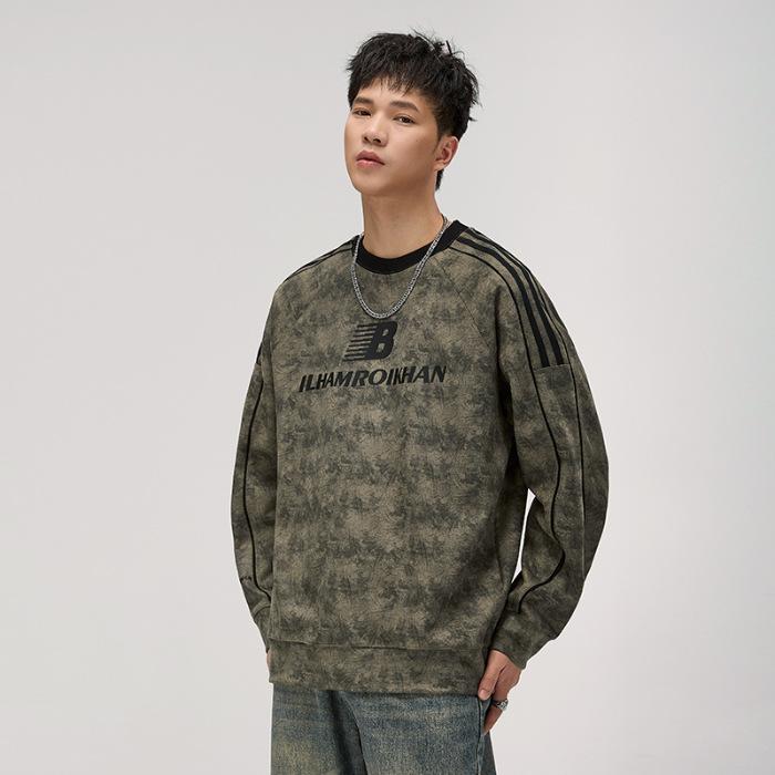 Washed Tie-Dye Sweater Men'S American Trendy Brand Striped Ragged Long-Sleeved T-Shirt Loose Bottoming Shirt