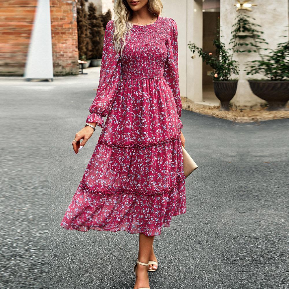 Dámské podzimní elegantní dlouhé potištěné šaty s lucernou s rukávem a vysokým pasem