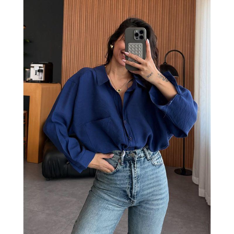

European and American Fashion Casual Loose Long sleeve Shirts Top Solid Color Loose Fitting Shirt Royal Blue M