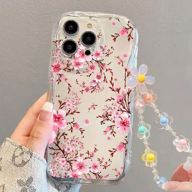 Clear Floral Leaf Chain Strap 3D Wave Case For IPhone 17 16 15 14 13 12 11 Pro Max 17 Pro 17 Air 16e 16 Plus 13 Mini Soft Cover