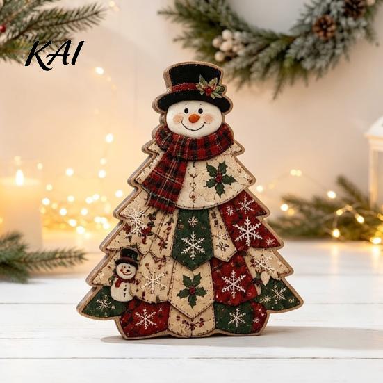 Wooden Holiday Party Decor Quilted Christmas Tree Table Sign, 2D Flat Fabric Patchwork Pattern Desktop Reusable Xmas Sign Ornament, Rustic Farmhouse