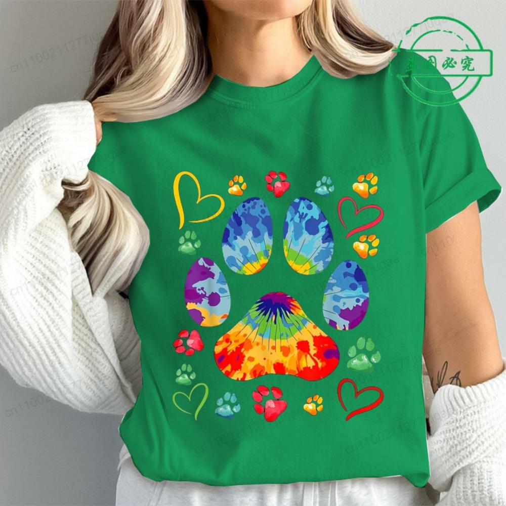 Tie Dye Paw Print Women T Shirt Fashion Casual Graphic T-Shirts Short Sleeve Tee Tops Summer Fashion Female T-Shirt Mujer