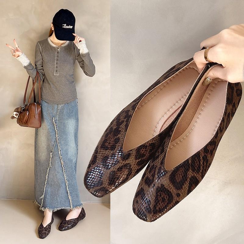 Fashion Big Size 35-43Snake Pattern Leather Woman Square Toe Shallow Ballet Flats Wowen Ballerinas Daily Slip on Loafers Mocasines Mujer