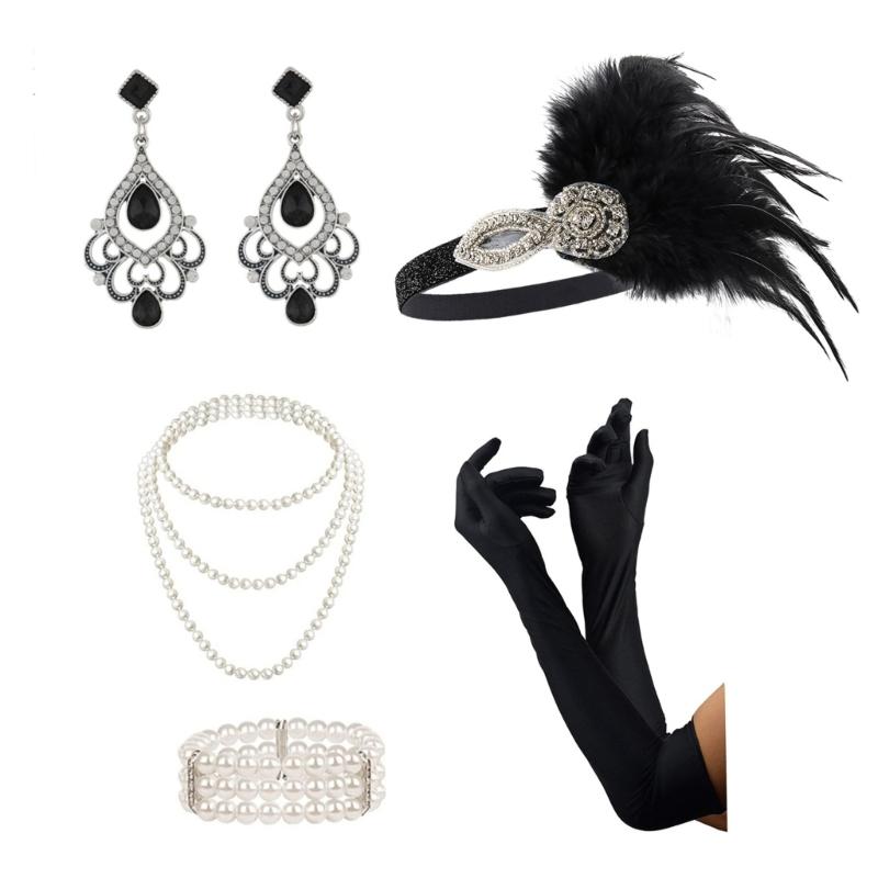 

Women Flapper Accessories GatsbyParty Costume Feathers Headband Necklace Earring Bracelet for 1920s Cocktail Theme Party
