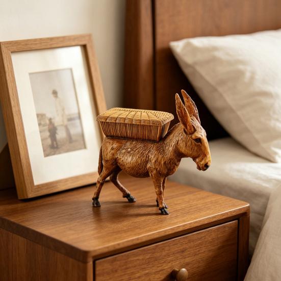 Donkey Ornament Resin Decorative Figurine with Imitation Wood Texture Storage Basket Jewelry Small Items Desktop Storage Decoration
