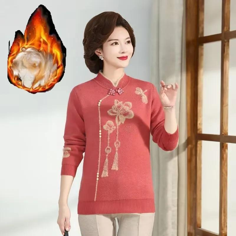 Зимняя одежда Плюс бархатный толстый свитер цельнокроеная бархатная нижняя рубашка теплый полуводолазный свитер для женщин среднего и пожилого возраста XXXXL красный 2435₽