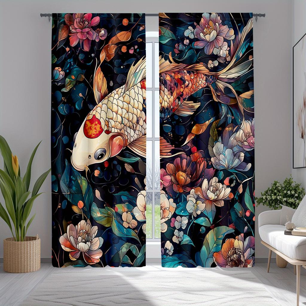 2pcs Black Koi Fish Curtains   Japanese Traditional Cherry Blossom & Lotus Window Drapes for Room