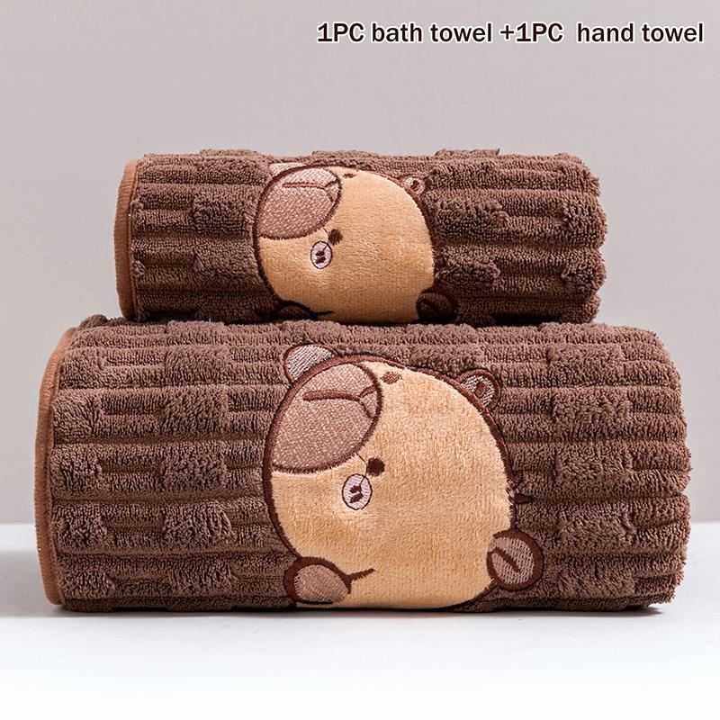 Cute 2-Piece Capybara Face Towel Set, Extra Soft Coral Fleece, 34x74 Inch Towel And 70x140 Inch Bath Towel