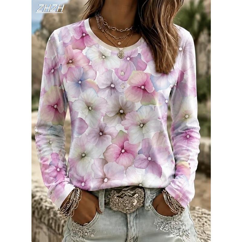 Women's T Shirt Print Floral Graphic Fashion Classic Casual Long Sleeve Crew Neck Regular Tops Casual Daily Weekend