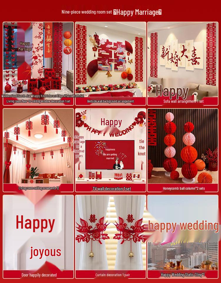 Double Happiness Wedding Room Cloth Banner Set for Ceremony and Hotel Décor