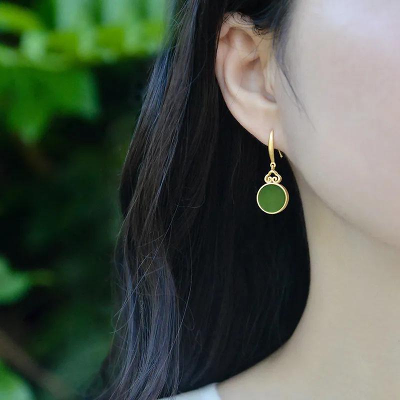 Creative Design  Inlaid Natural Hetian Jade Mirror Round Earrings Ancient Gold Craft Design Classic Chinese Style Jewelry