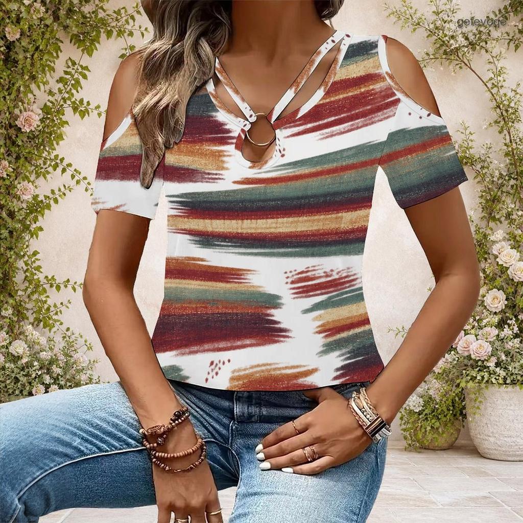 Women Plus Size Keyhole Ring Neck Cold Shoulder Short Sleeve Abstract Printed Top