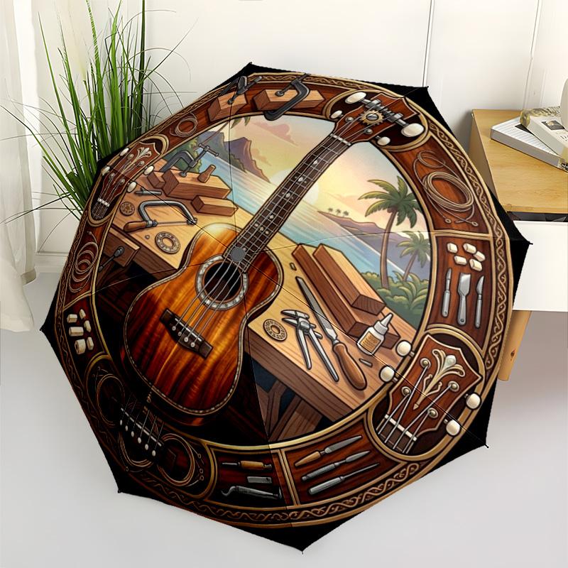 Guitar Craftsmanship Scene Pattern Umbrella, Portable and Foldable Design, 8 Ribs, a Casual Accessory for Halloween, Christmas, and Birthday Gifts.
