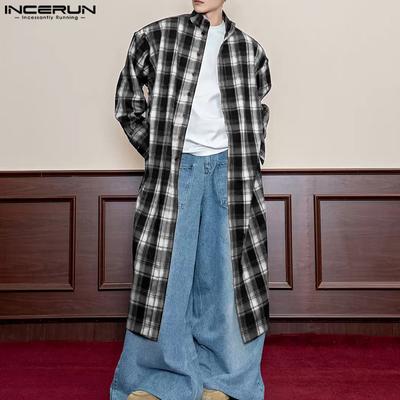 Oversized Men Mockneck Long Sleeve Plaid Long Shirts Casual Tunic Tops
