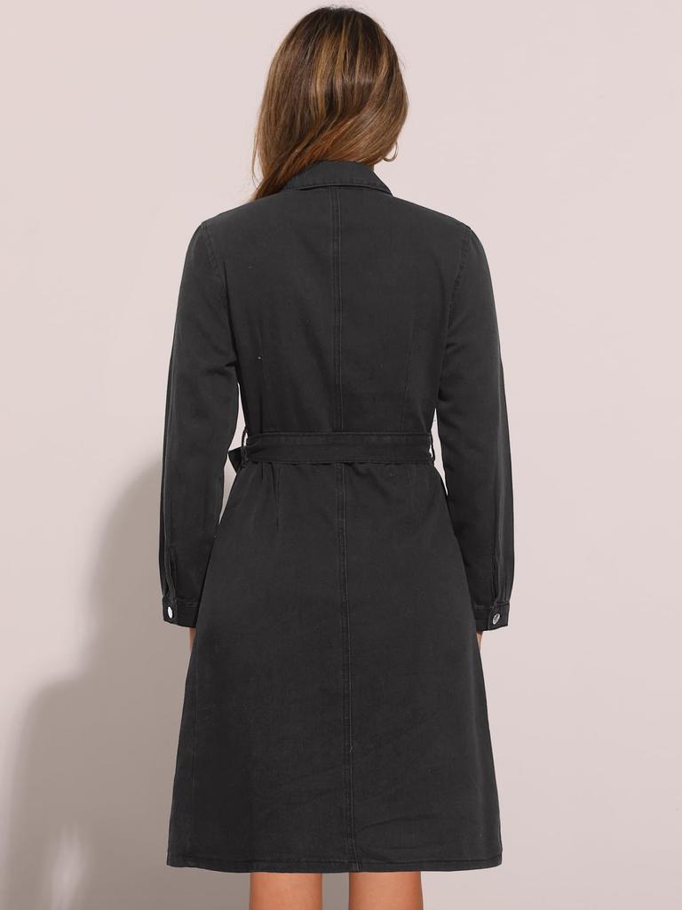 Allegra K Classic Denim Jeans Shirt Long Size XL Women's Dress, Button-Down, Sleeves, Belted, Black,