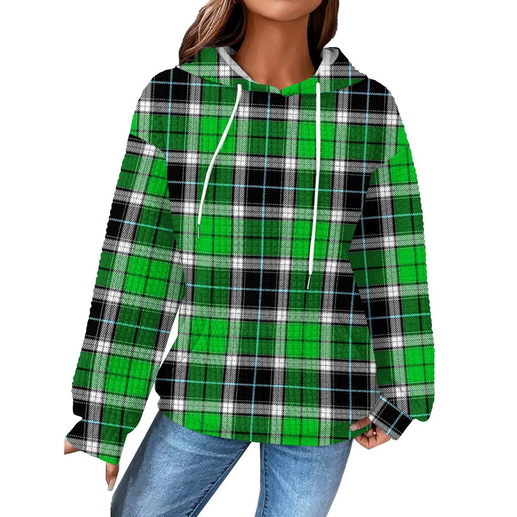 Women's Fashion Loose Hooded Pullover Long Sleeve Plaid Sweatshirt with Drawstring Drop Shoulder and Pocket Print Top