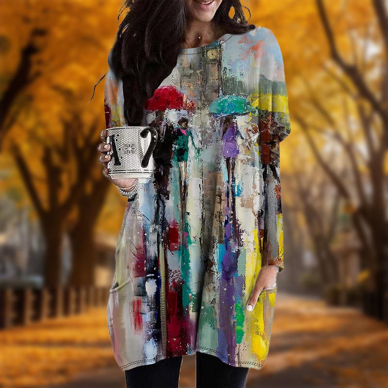 

Новинка осени с принтом креста плюс размер платье женщины O neck длинные рукава повседневные карманные платья 8XL серый