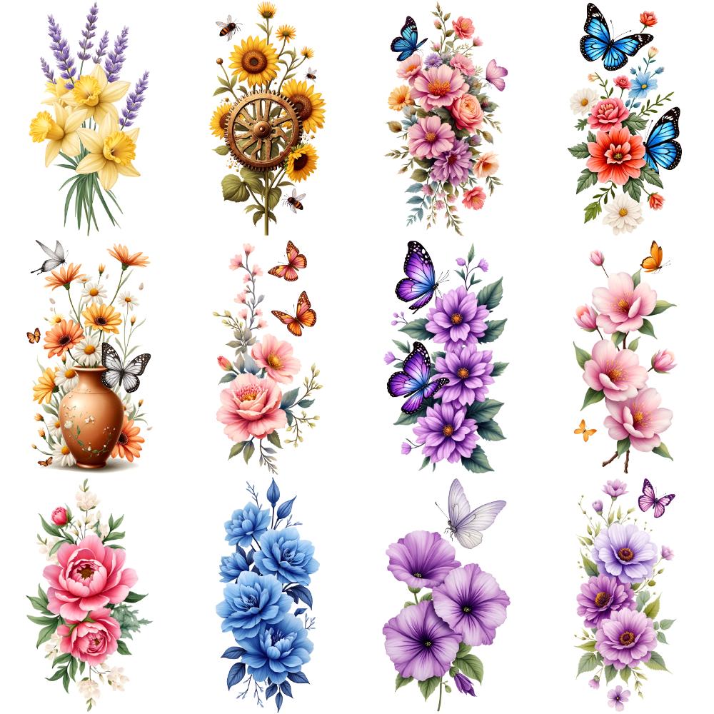 12pcs Temporary Tattoo Butterfly Design Waterproof Long-lasting Body Stickers Flower Illustrations Floral Patterns For Thighs