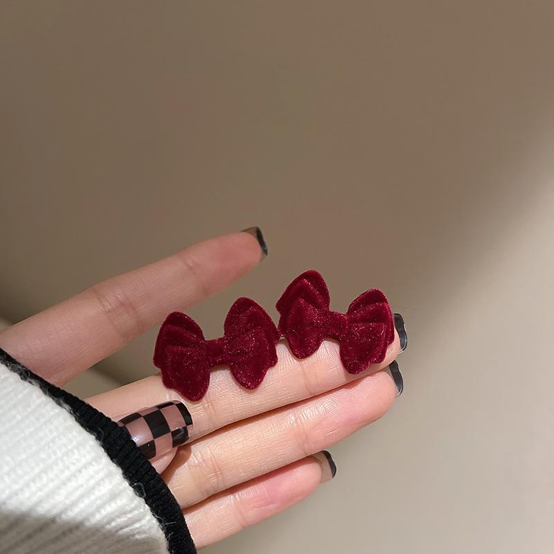 Flocking red bow earrings autumn and winter new niche versatile earrings fashionable elegance temperament earrings women