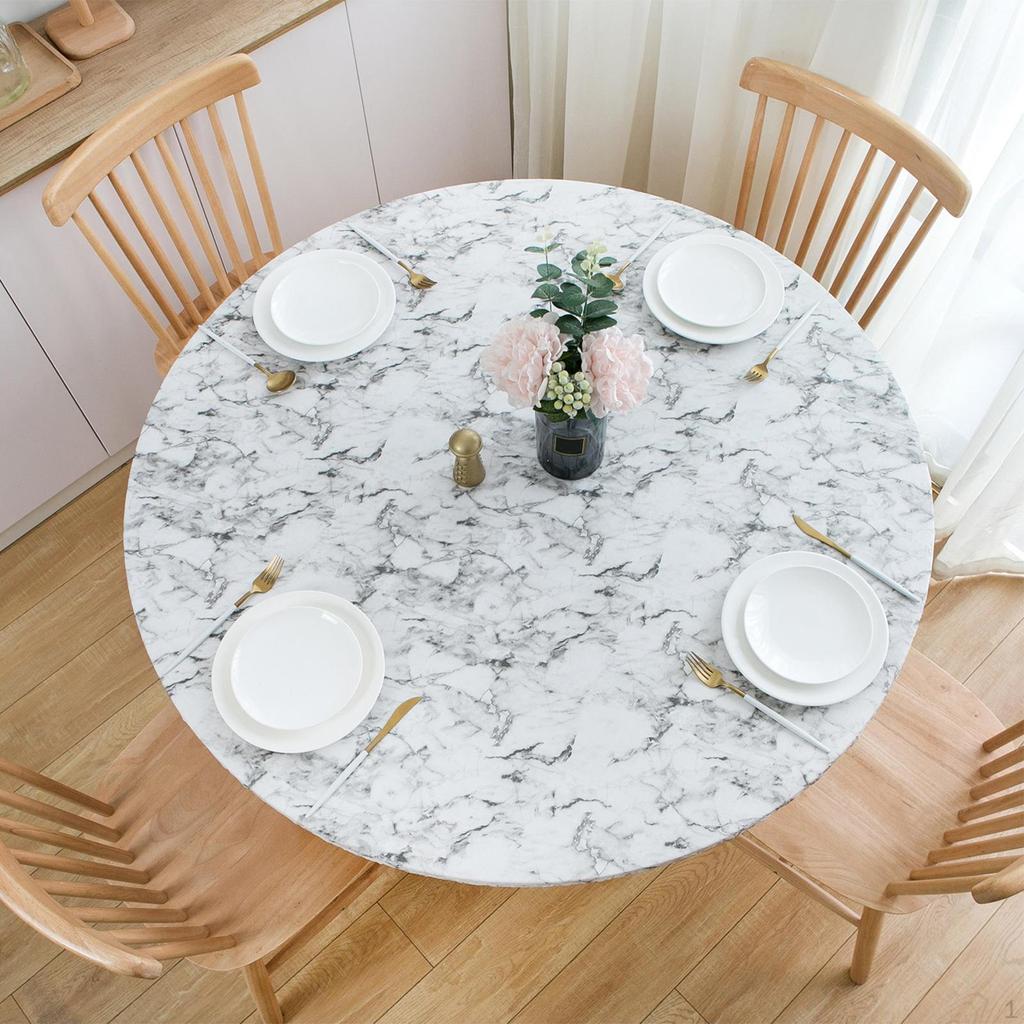 Fitted Round Plastic Tablecloth with Flannel Backing and Elastic Edge, Waterproof Table for Dining