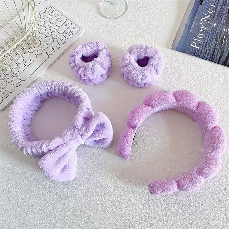 Solid Color Cloud Hair Band Set 4pcs Spa Headband and Wristband with Sponge Makeup Fashionable Hair Accessories