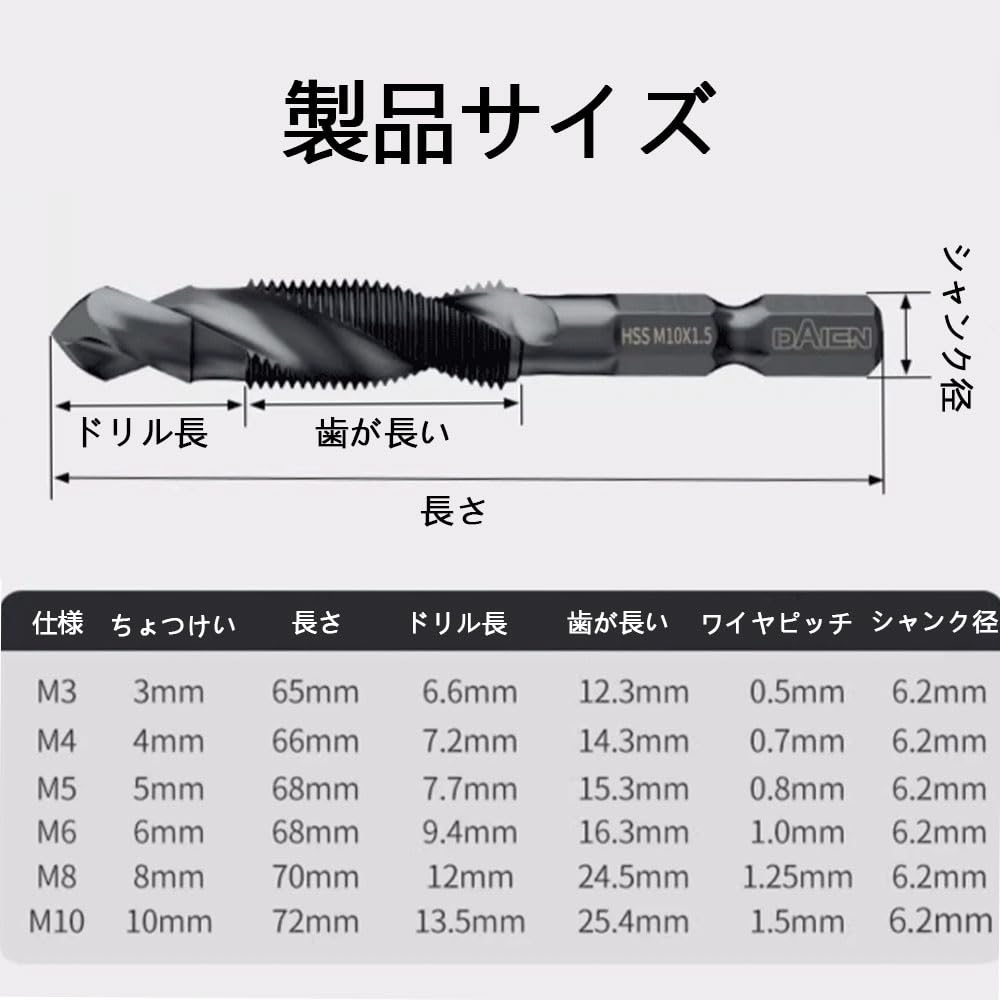 Hex Bit Drill and Tap Set for Chamfer Drilling and Spiral High Speed M10 Metalworking, Tap, Multi-Function Threading, Tap, Steel, M3, M4, M5, M6, M8,