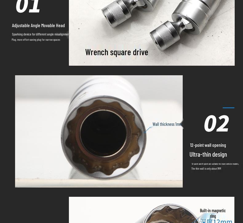 Universelles 5-teiliges Zündkerzensteckschlüssel-Set - 14MM Metrisch, 5/8" Zoll, 9/16" Verlängertes Werkzeug für die Autoreparatur