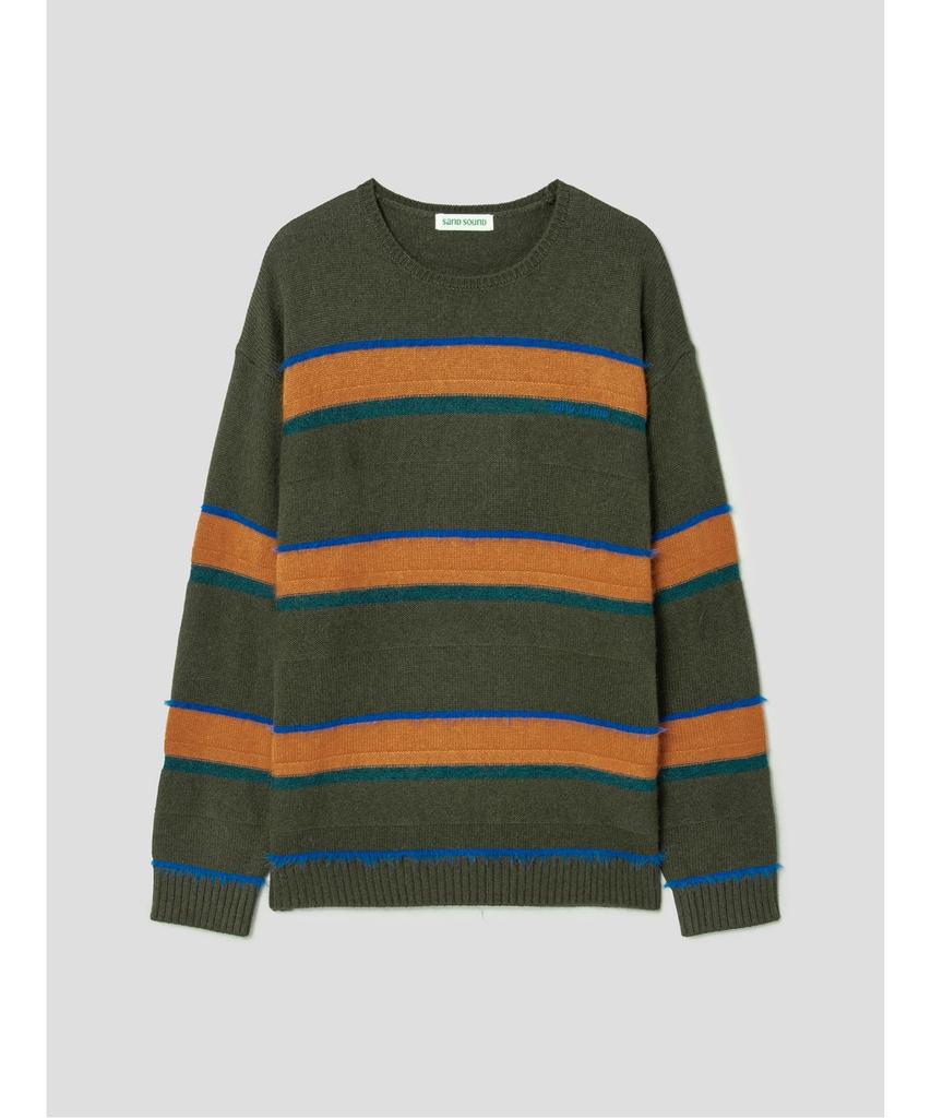Saendeusaundeu (Unisex) Wool Blend Striped Pullover Sweater Khaki